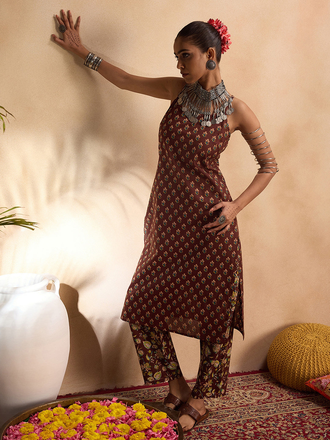 Indo Era Brown Printed Straight Kurta Trousers set