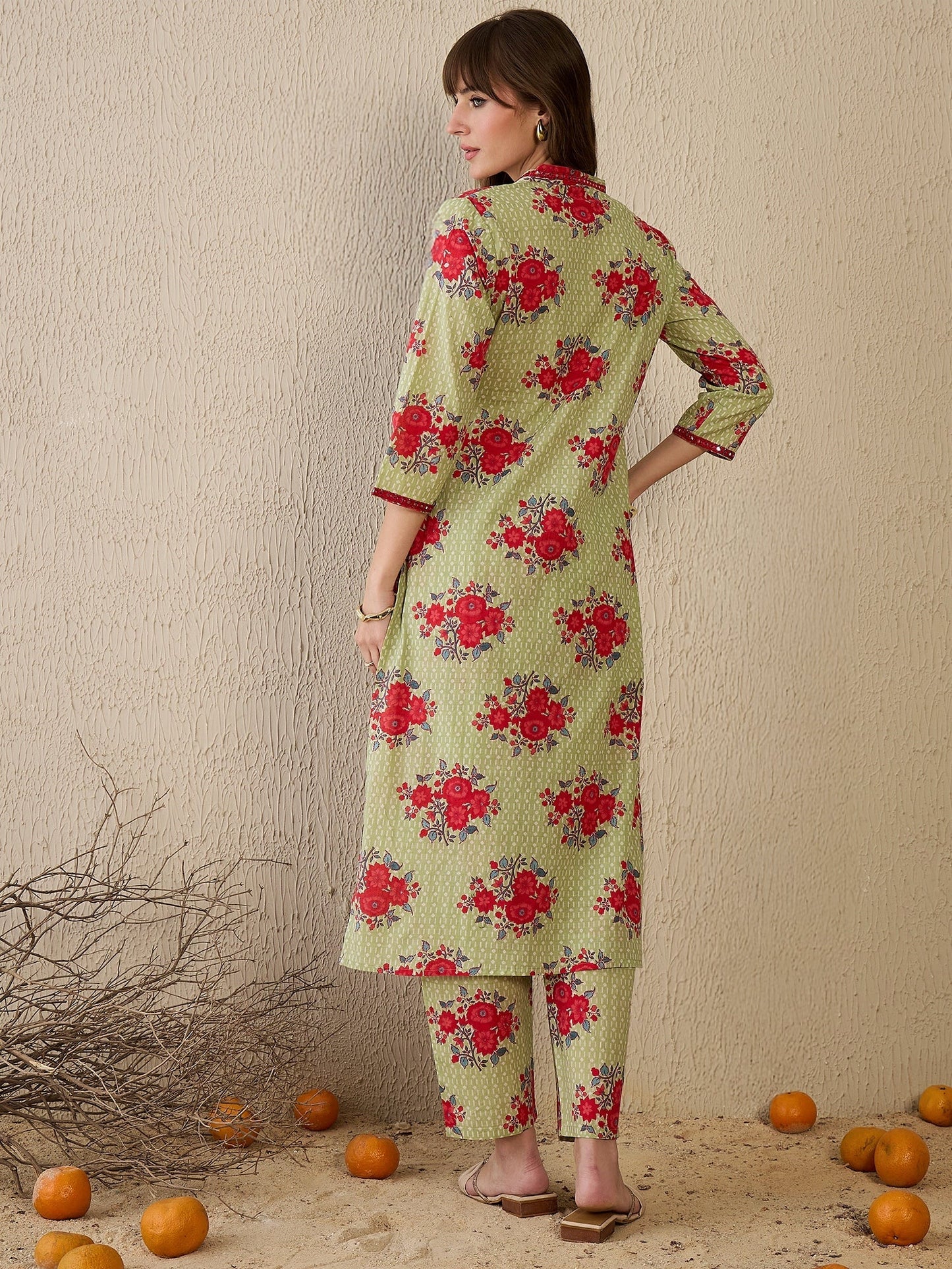 Indo Era Green Printed Straight Kurta Trousers Set