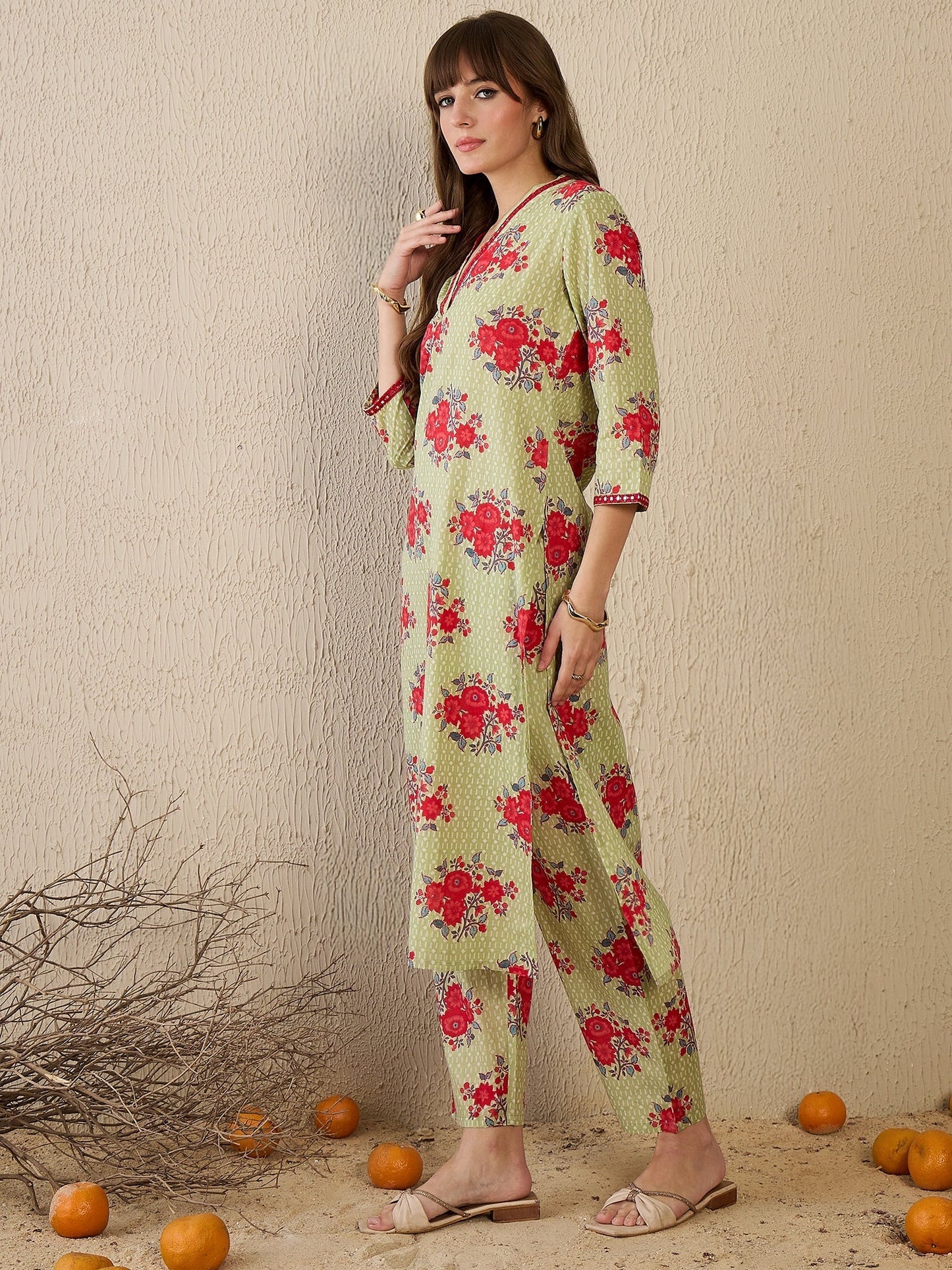 Indo Era Green Printed Straight Kurta Trousers Set