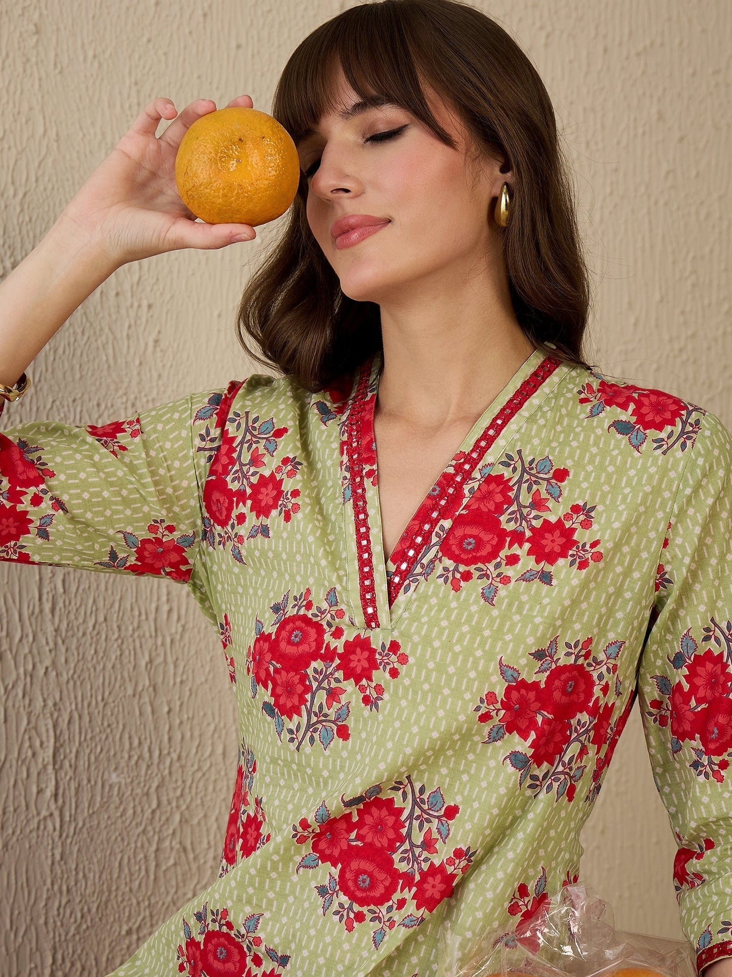 Indo Era Green Printed Straight Kurta Trousers Set
