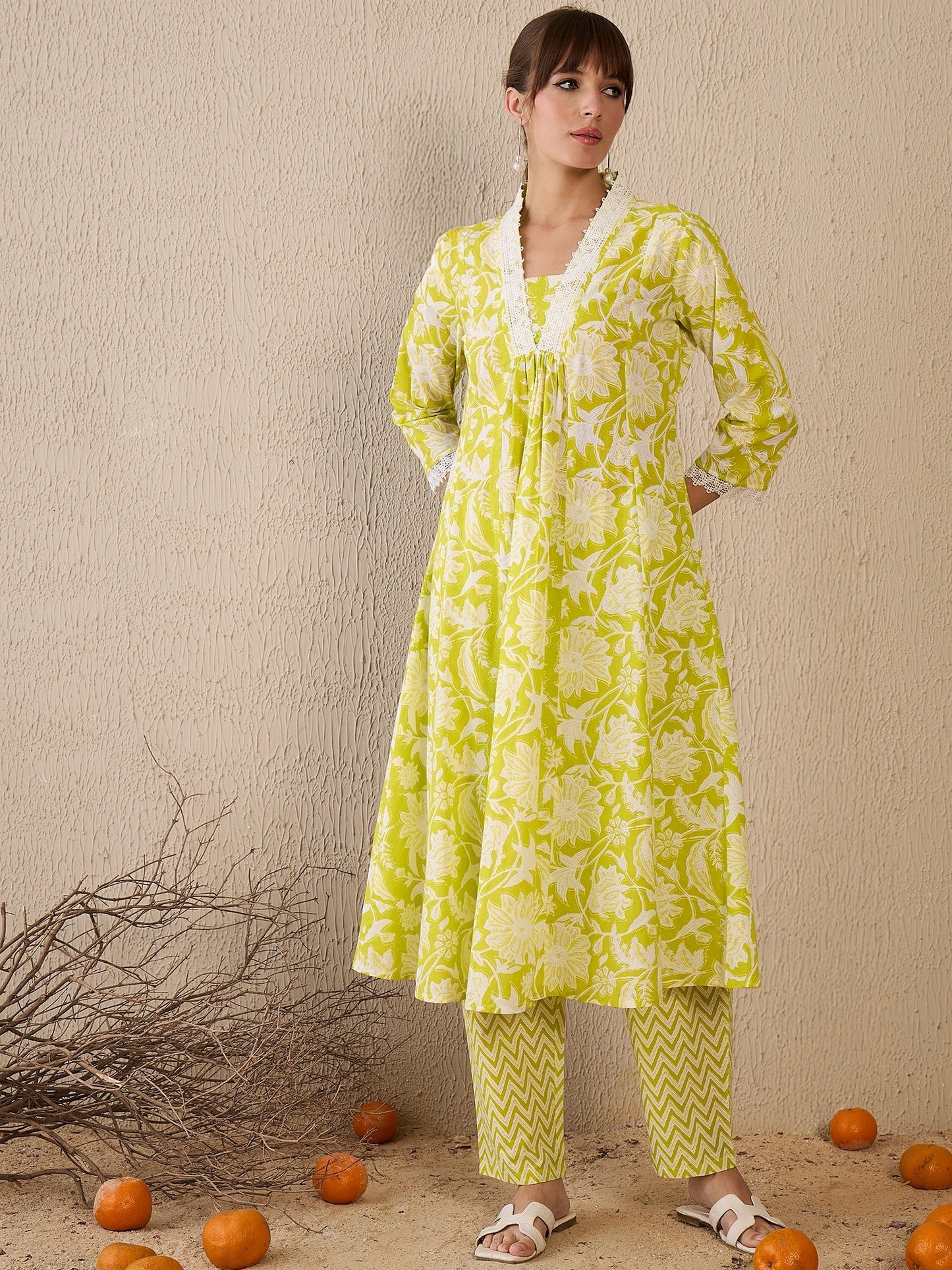 Indo Era Green Printed A-Line Kurta Trousers Set