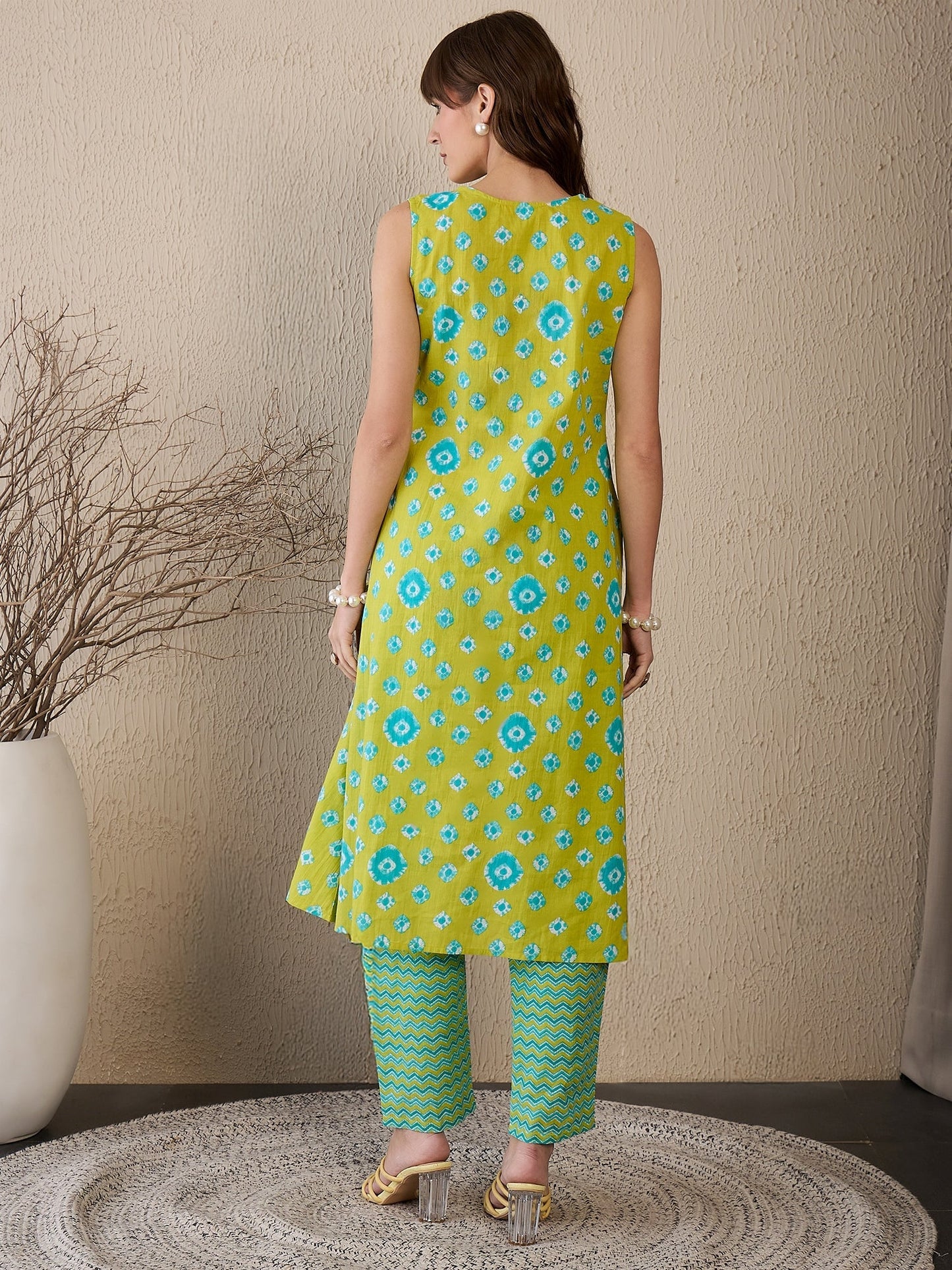 Indo Era Green Printed A-Line Kurta Trousers Set