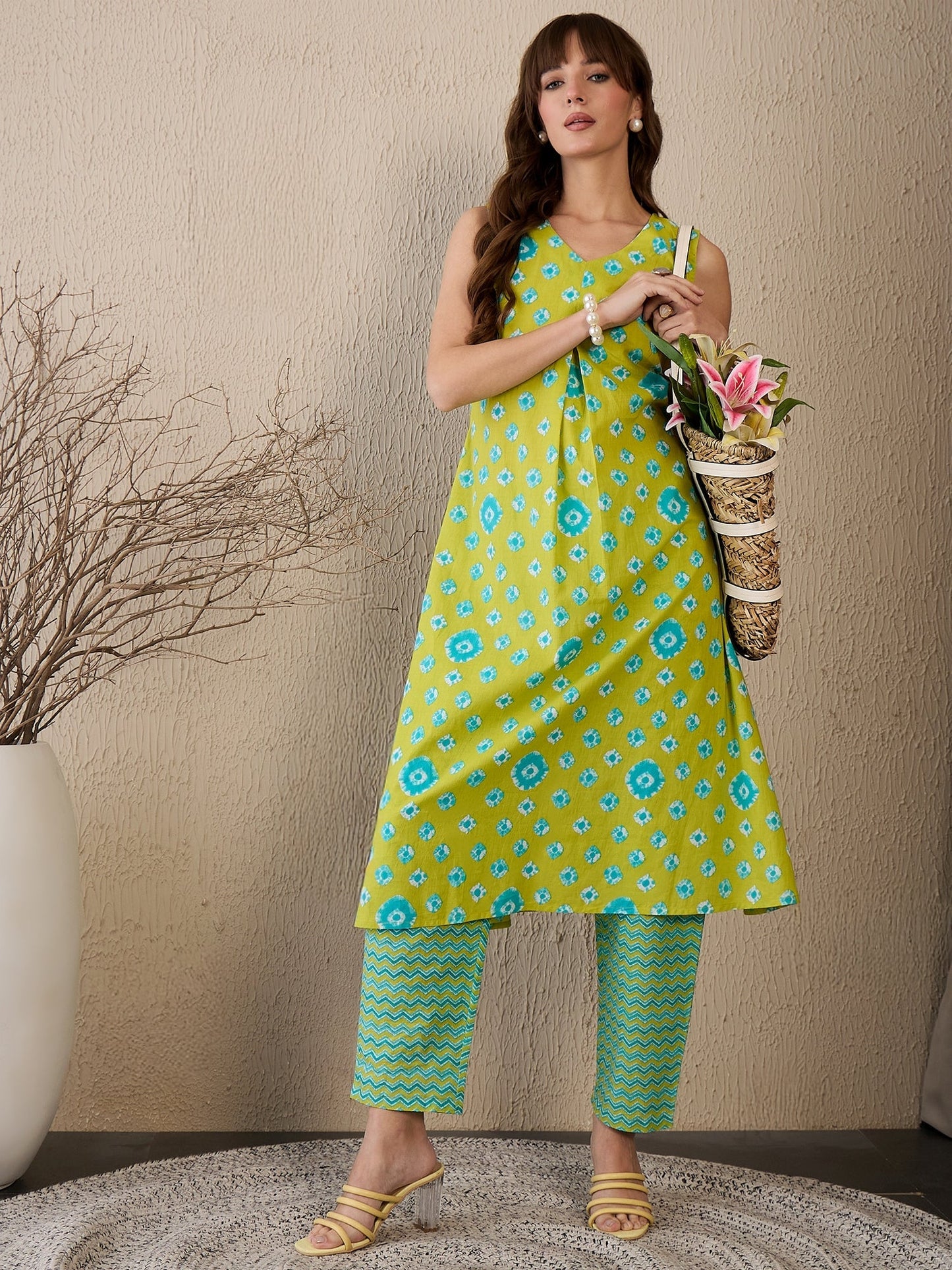 Indo Era Green Printed A-Line Kurta Trousers Set