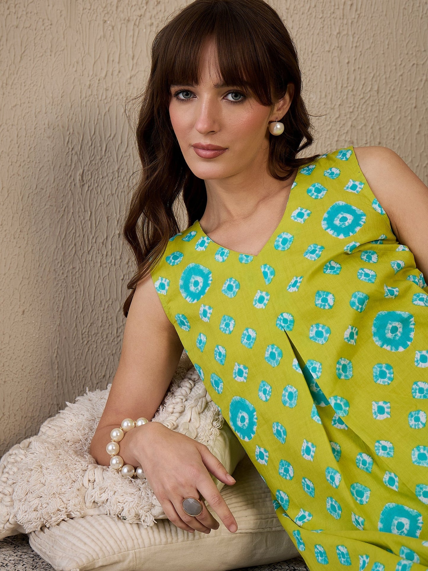 Indo Era Green Printed A-Line Kurta Trousers Set