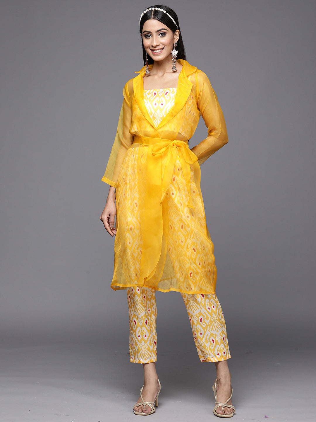 Indo Era Kesariya Yellow Printed A-Line Kurta with Trouser Set
