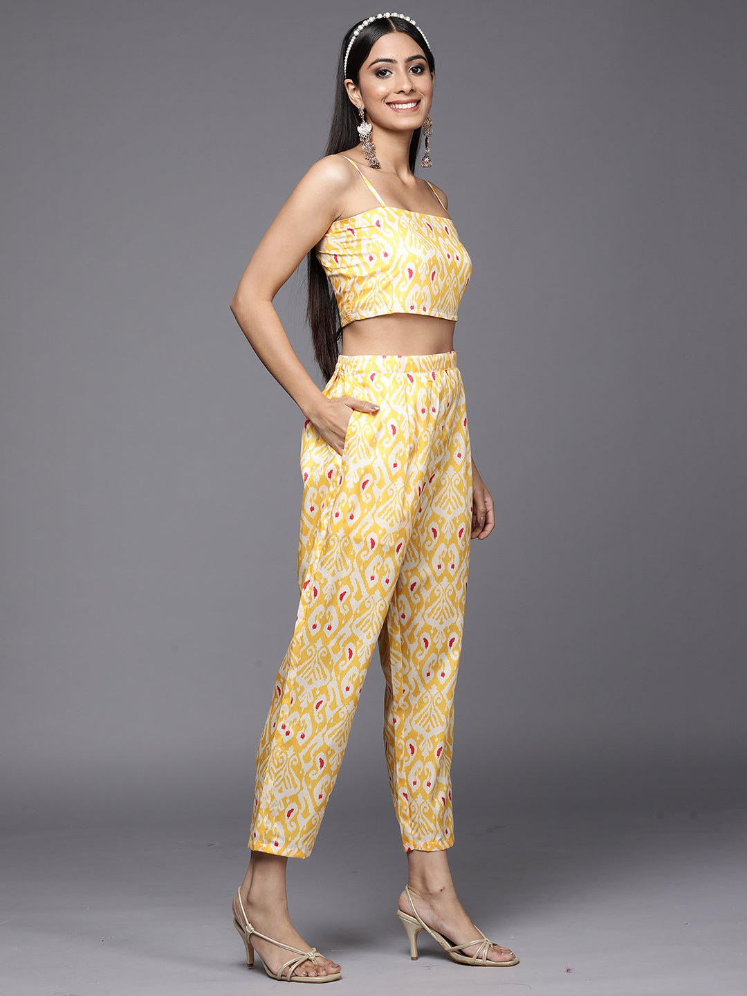 Indo Era Kesariya Yellow Printed A-Line Kurta with Trouser Set