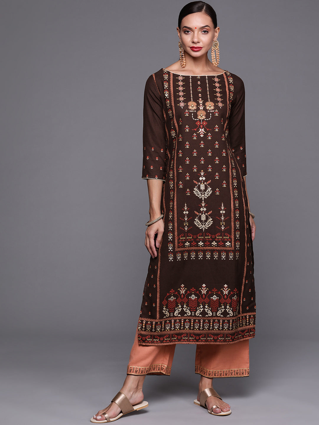Indo Era Brown Foil Printed Straight Kurta With Palazzo Set