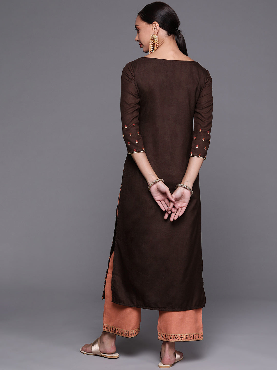 Indo Era Brown Foil Printed Straight Kurta With Palazzo Set