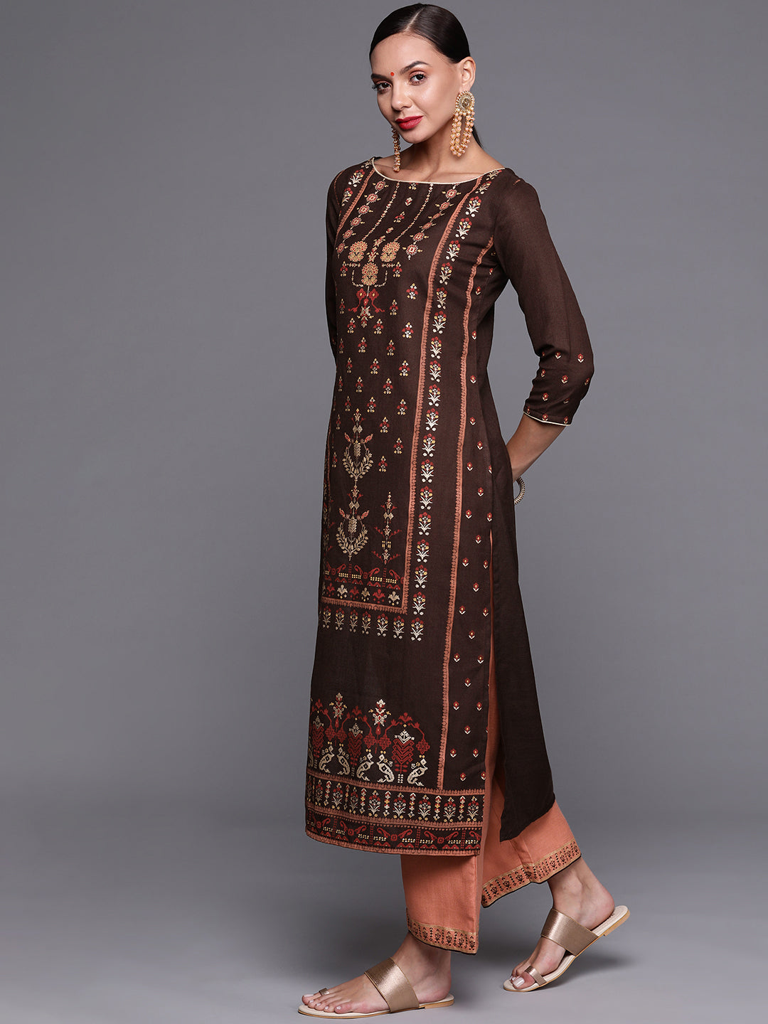 Indo Era Brown Foil Printed Straight Kurta With Palazzo Set
