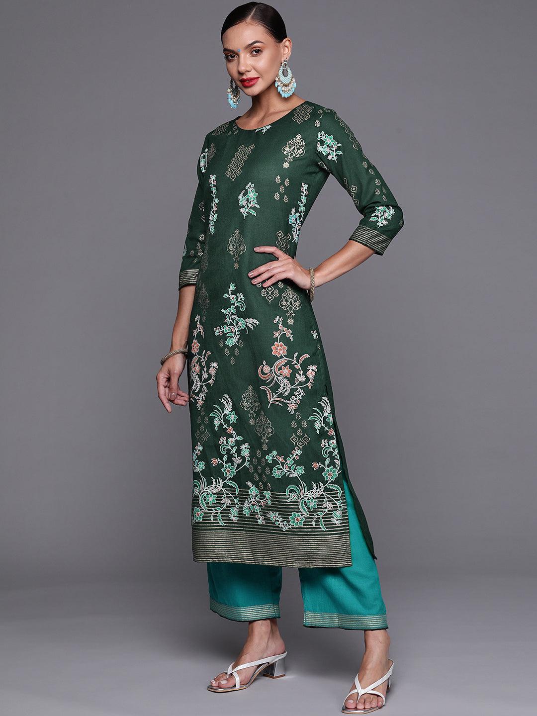 Indo Era Green Foil Printed Straight Kurta With Palazzo Set