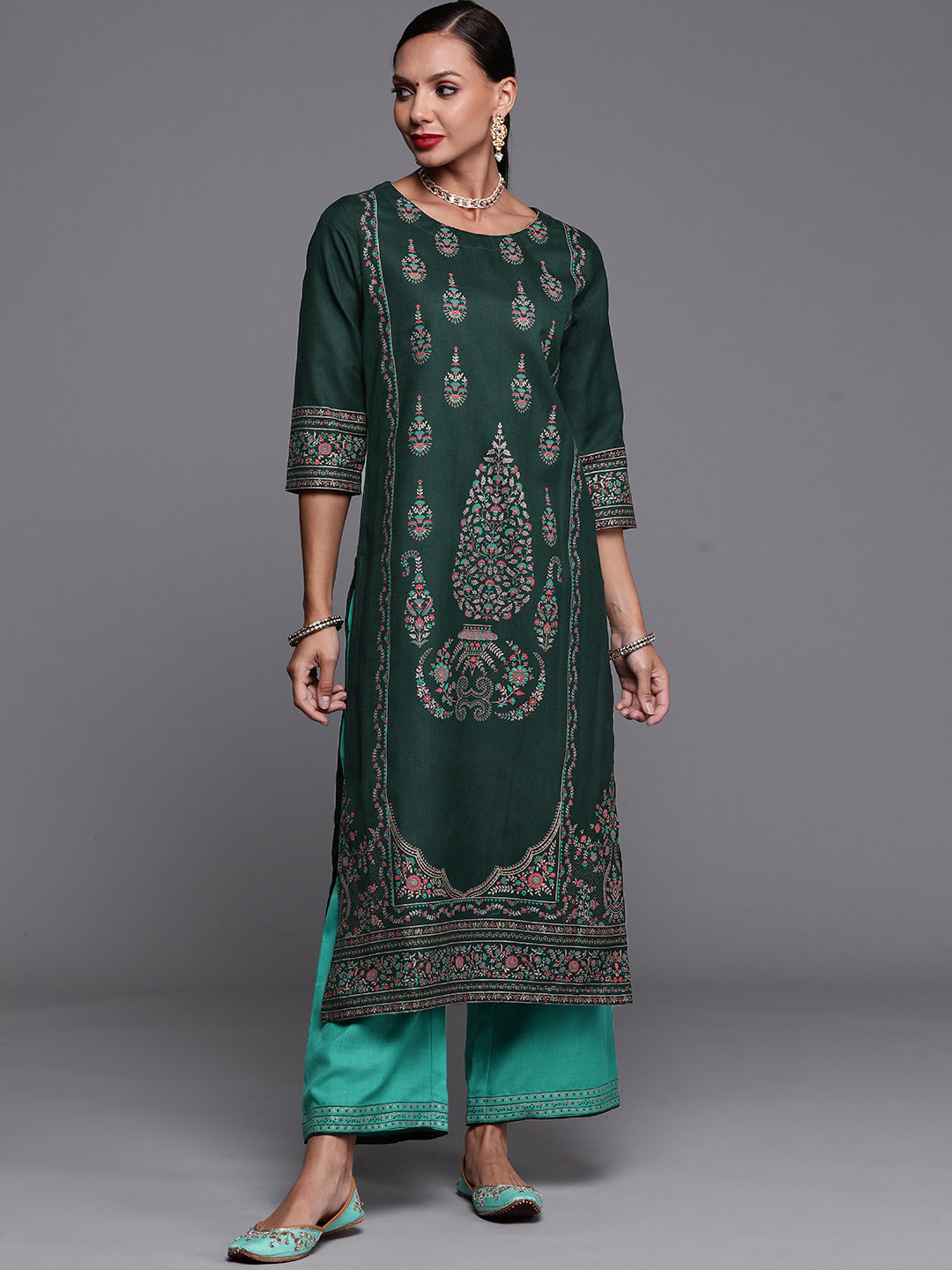 Indo Era Green Foil Printed Straight Kurta With Palazzo Set