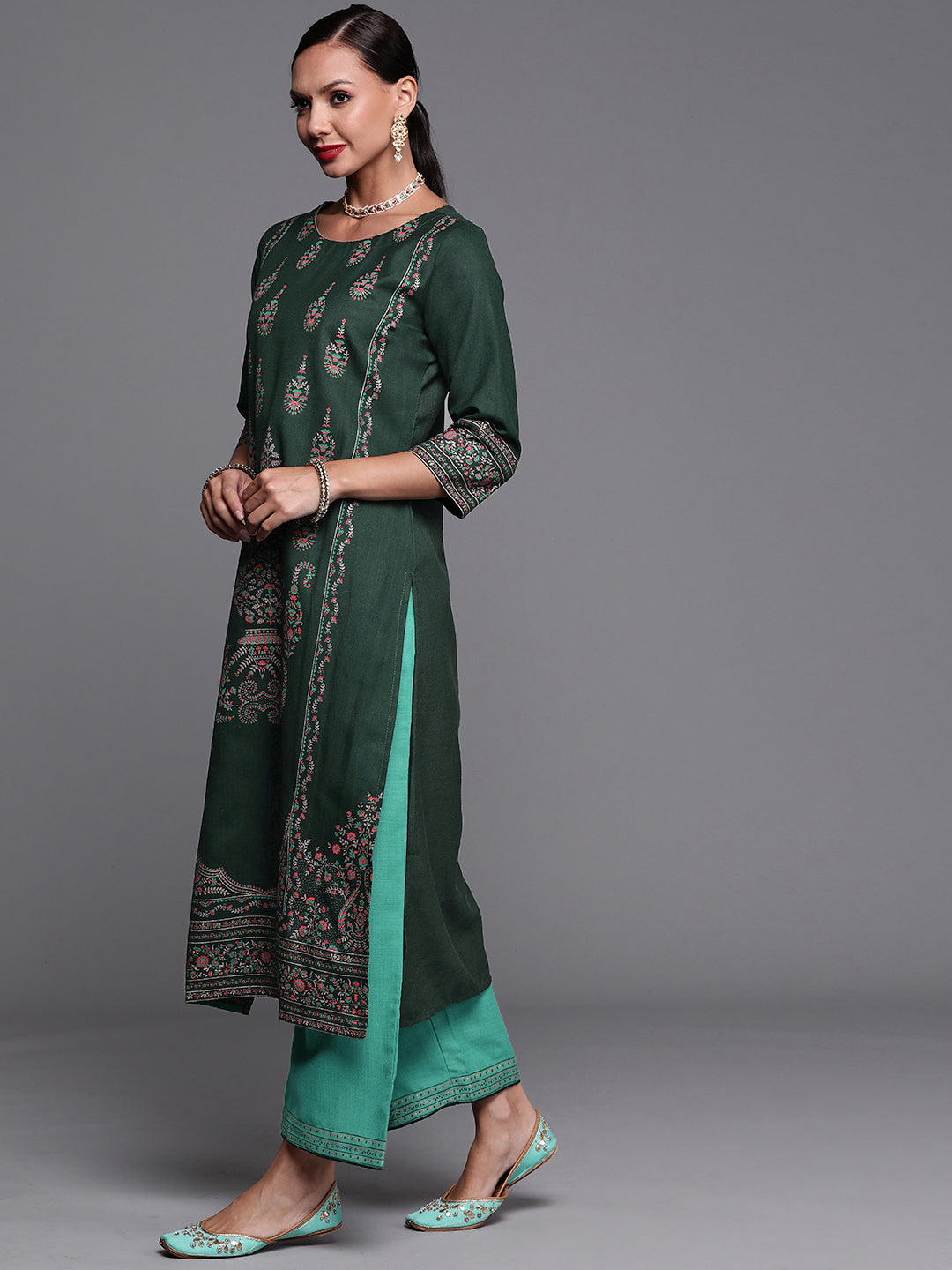 Indo Era Green Foil Printed Straight Kurta With Palazzo Set