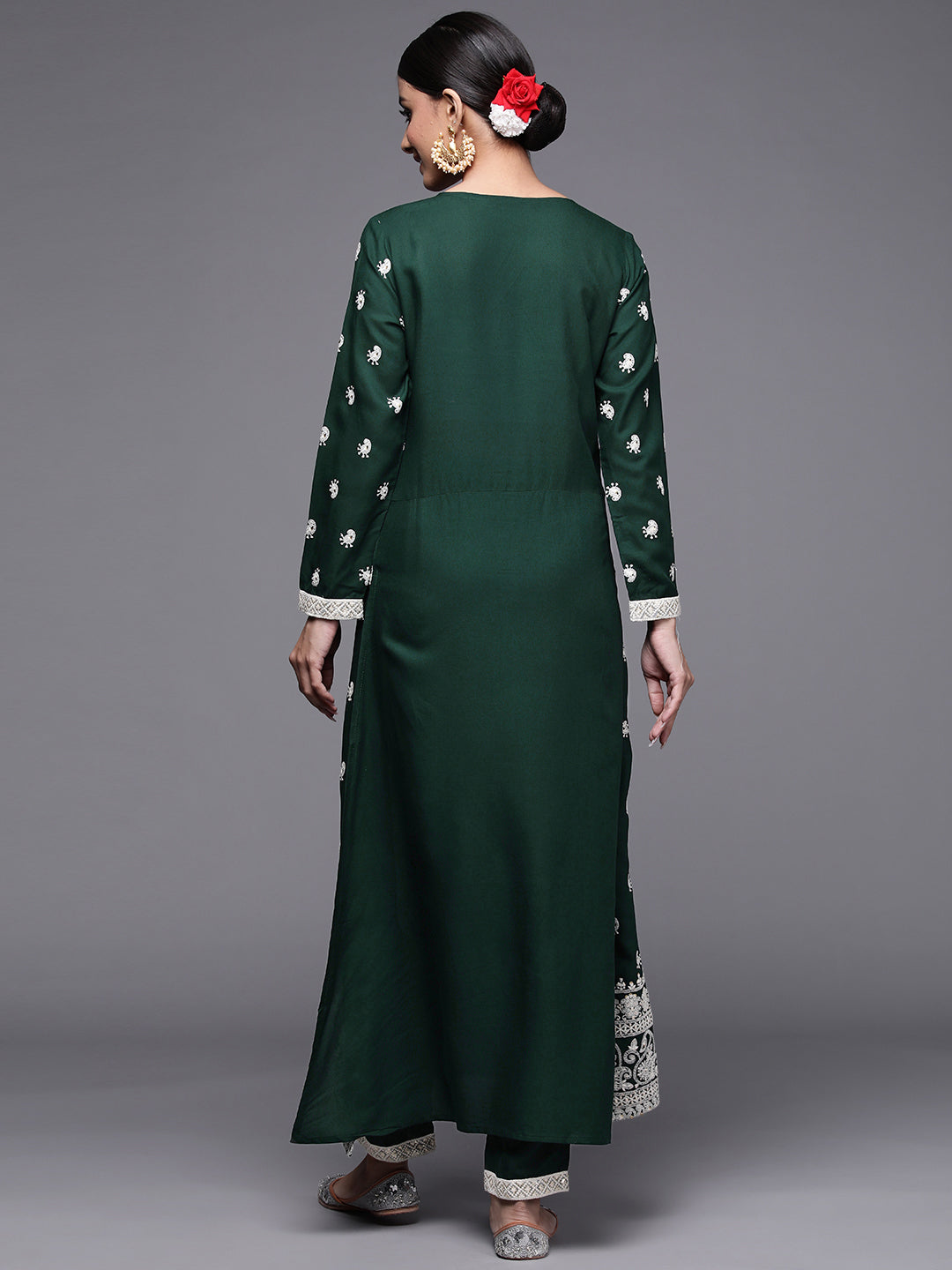 Indo Era Bottle Green Embroidered Straight Kurta With Trouser Set