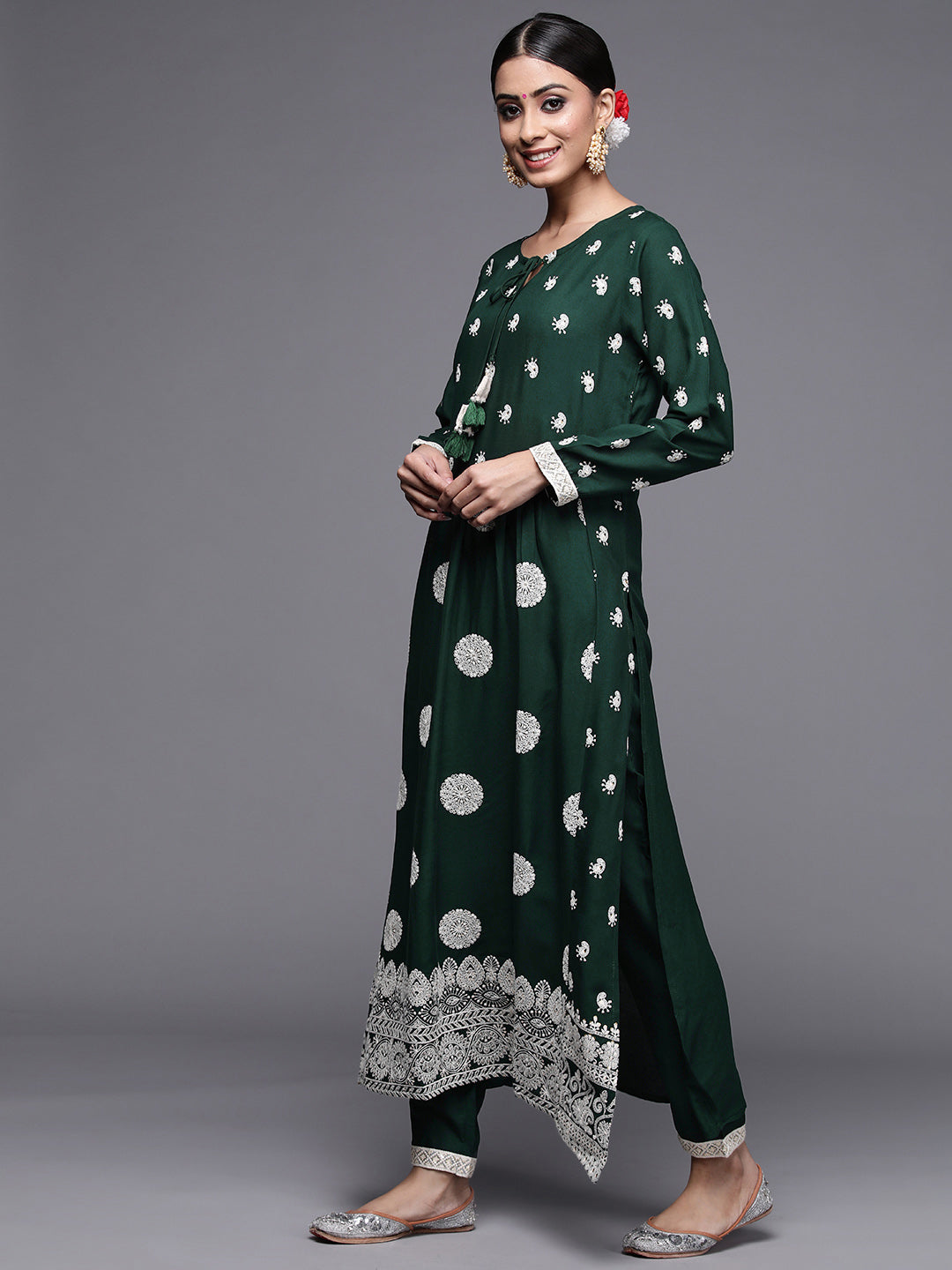 Indo Era Bottle Green Embroidered Straight Kurta With Trouser Set