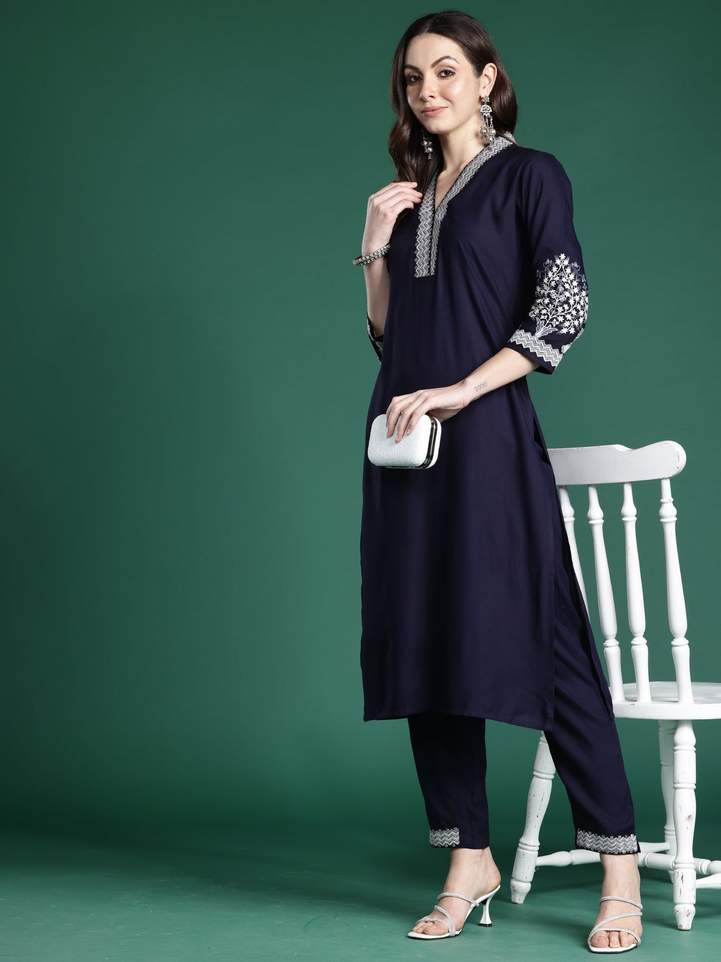 Blue Embroidered Straight Kurta Trousers Set