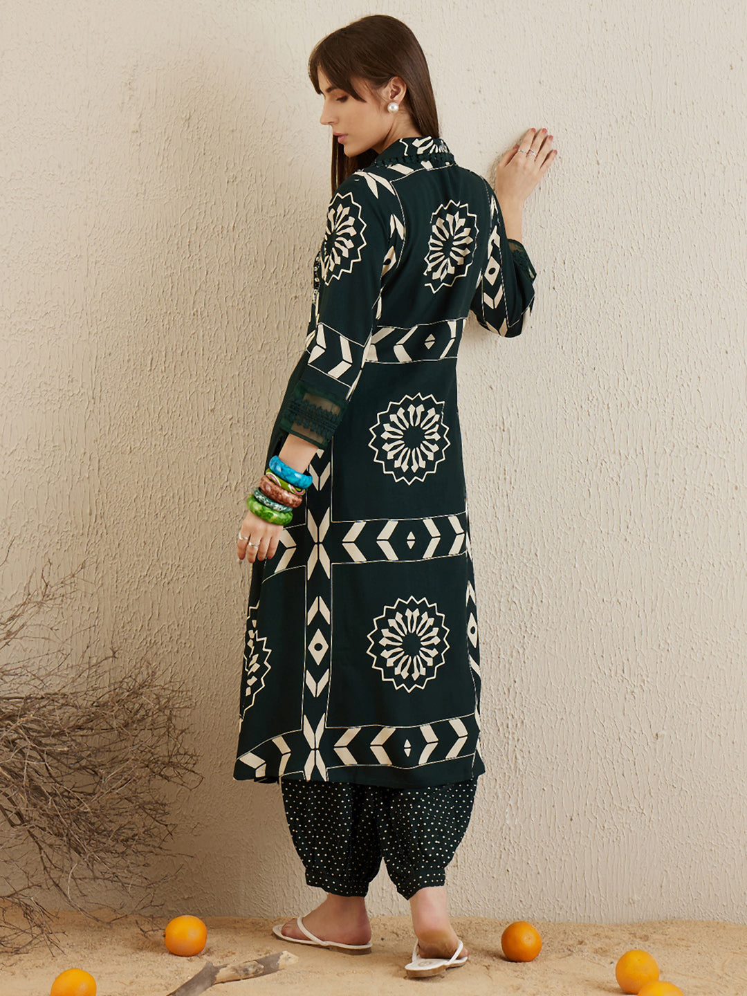Indo Era Green Printed A-Line Kurta Trousers set