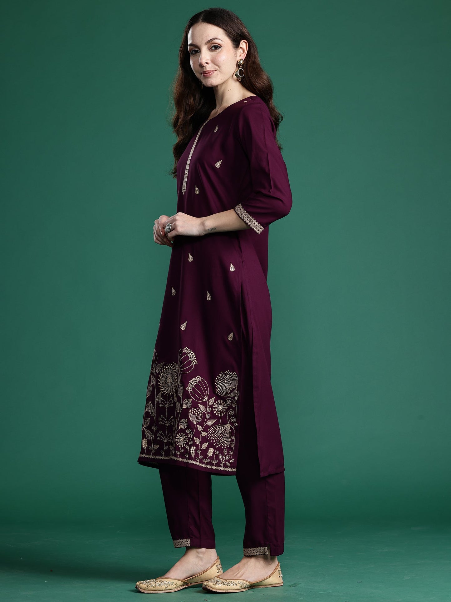 Burgundy Embroidered Straight Kurta Trousers Set
