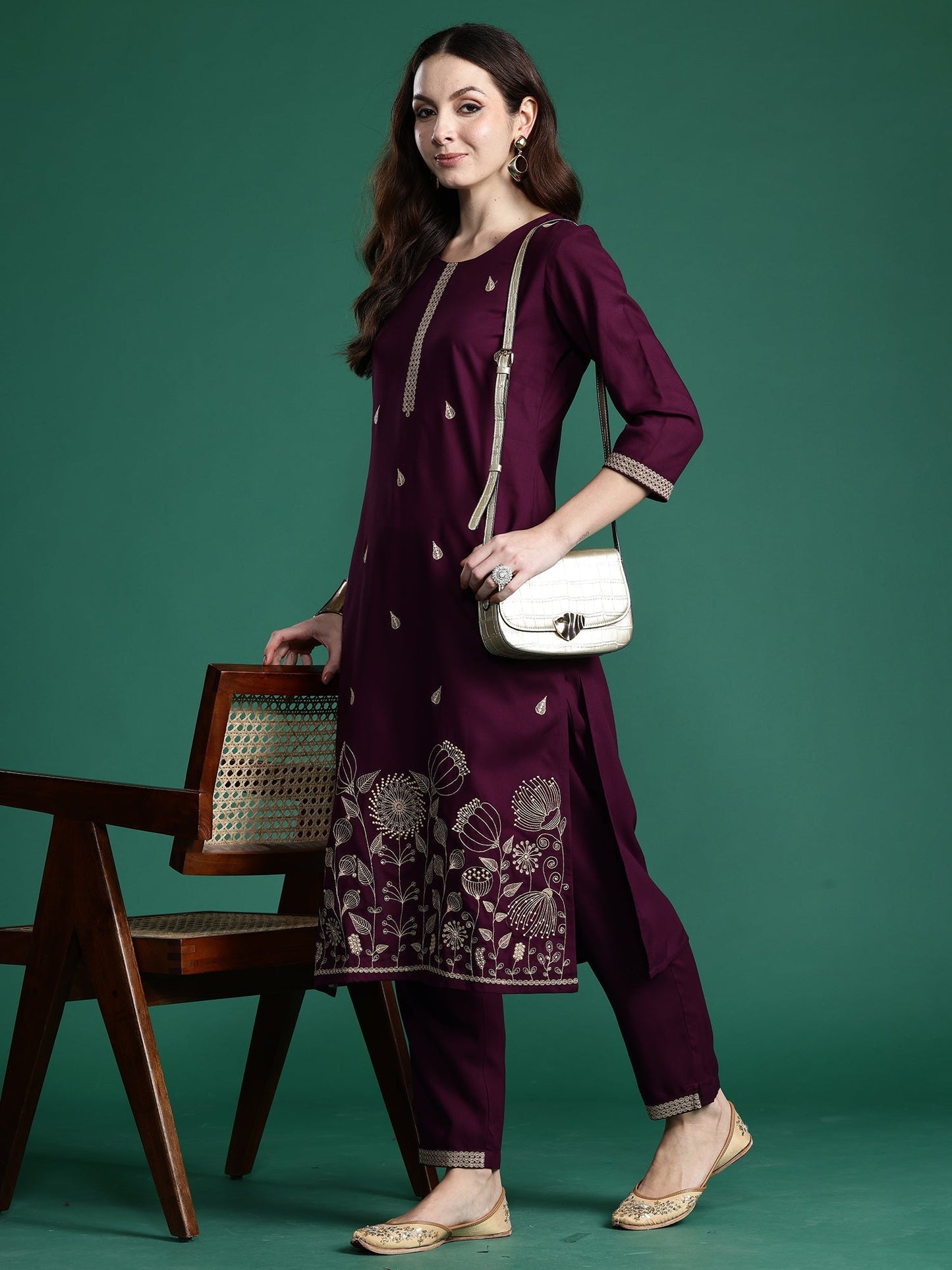 Burgundy Embroidered Straight Kurta Trousers Set
