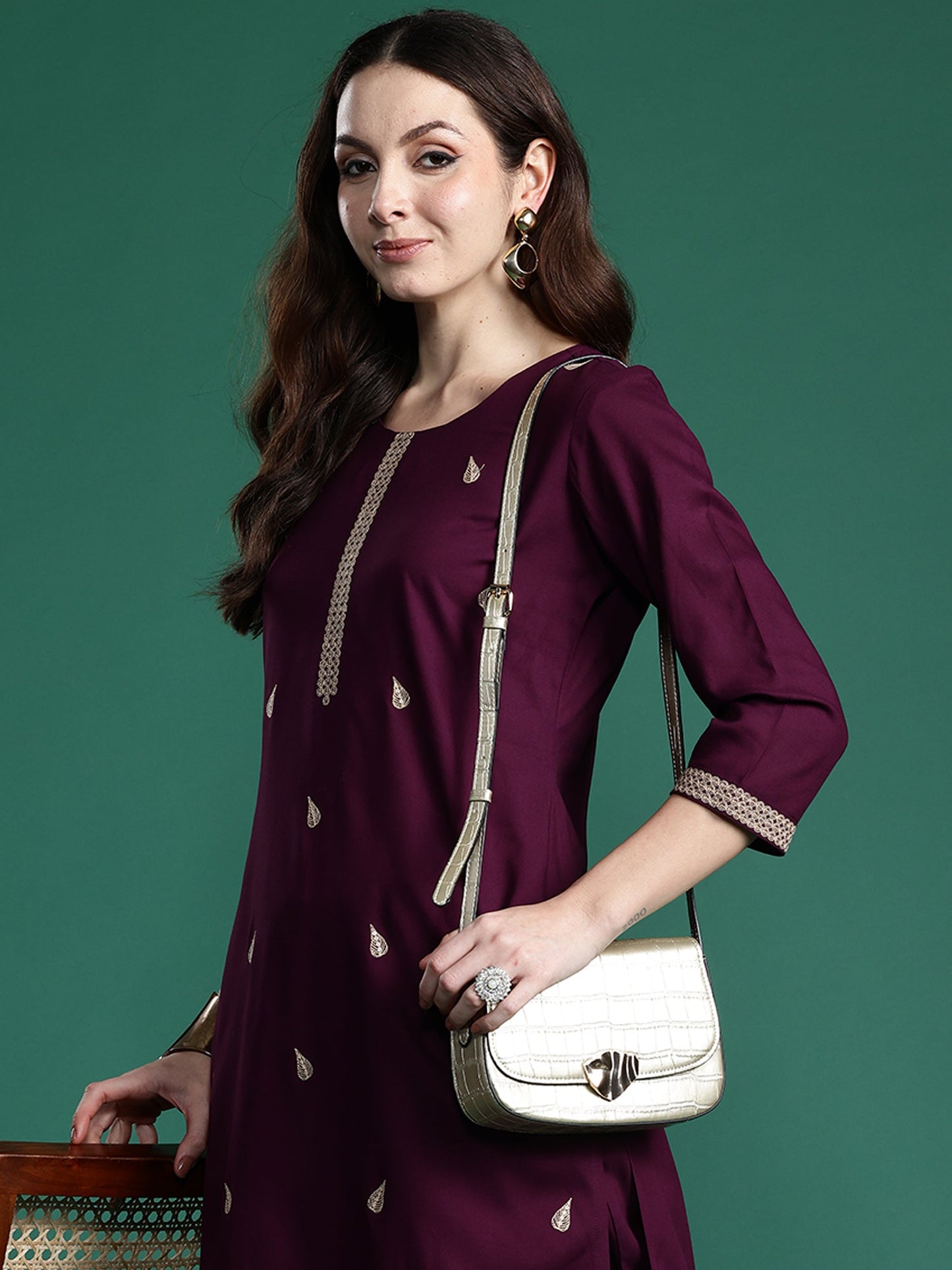 Burgundy Embroidered Straight Kurta Trousers Set