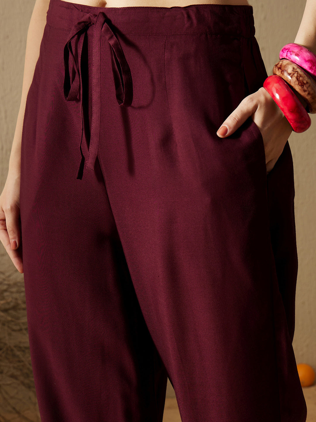 Indo Era Burgundy Printed A-Line Kurta Trousers set