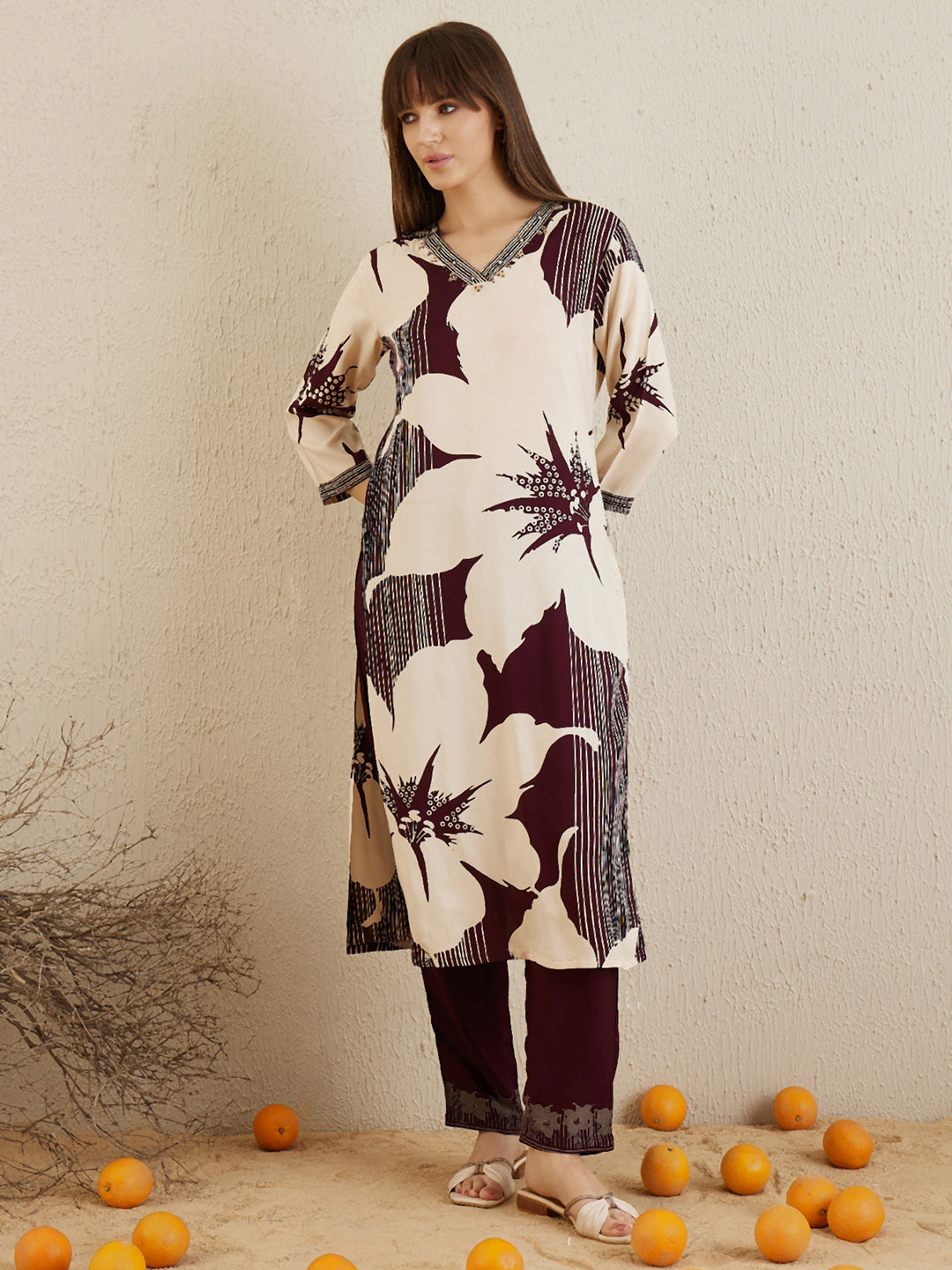 Indo Era Burgundy Printed A-Line Kurta Trousers set
