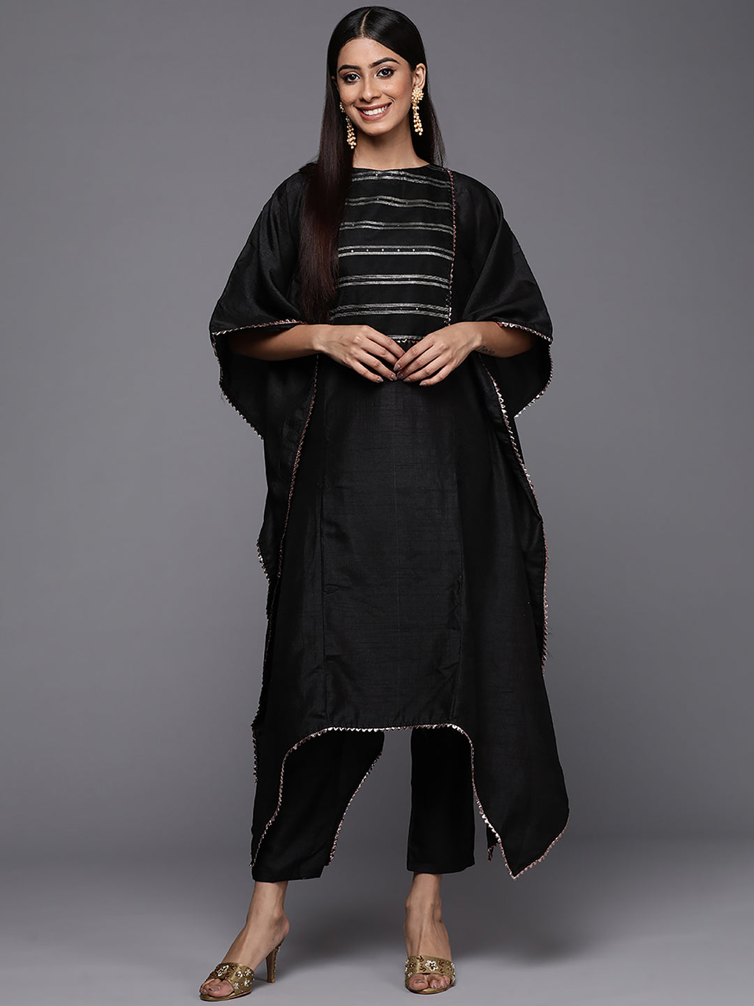 Indo Era Black Solid A-line Kaftan Trouser Set
