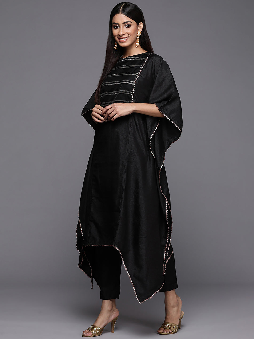 Indo Era Black Solid A-line Kaftan Trouser Set
