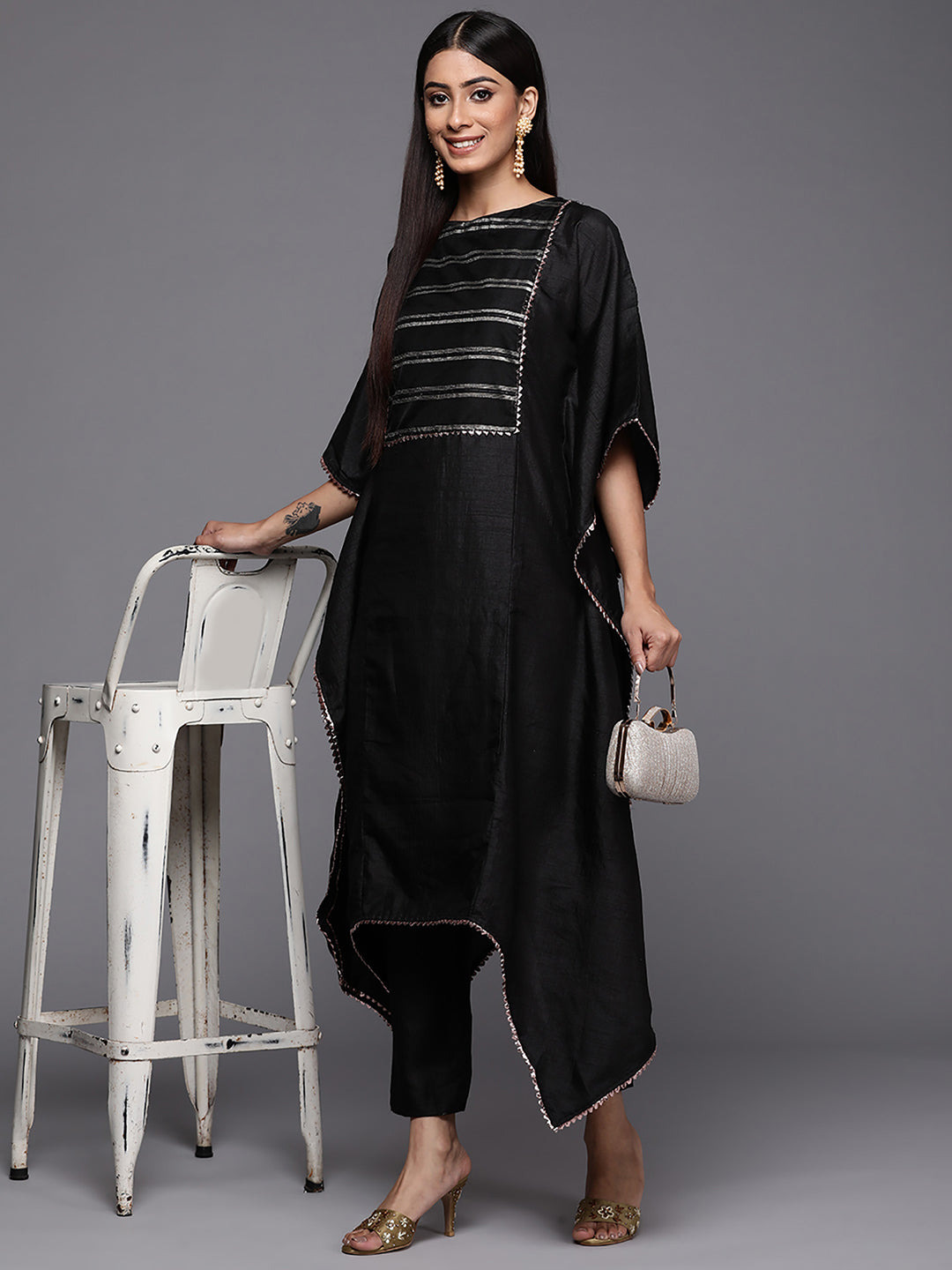 Indo Era Black Solid A-line Kaftan Trouser Set