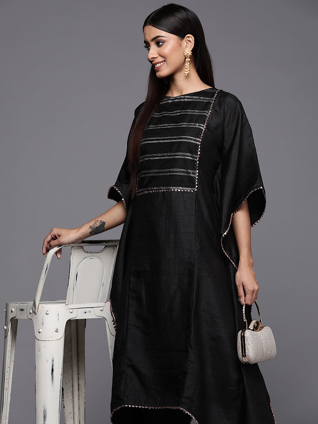 Indo Era Black Solid A-line Kaftan Trouser Set
