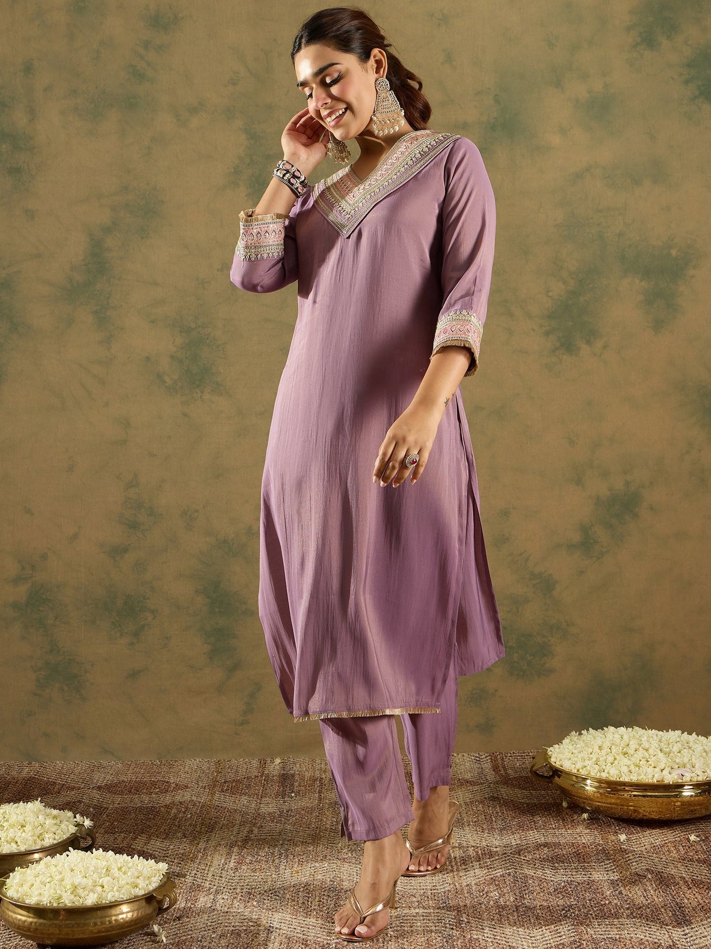 Indo Era Lavender Embroidered Straight Kurta Trousers Set