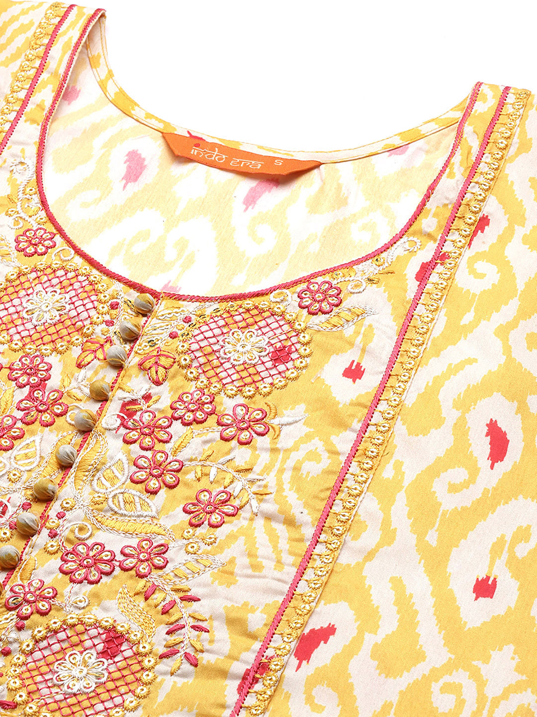 Indo Era Kesariya Yellow Printed A-Line Kaftan With Trouser Set