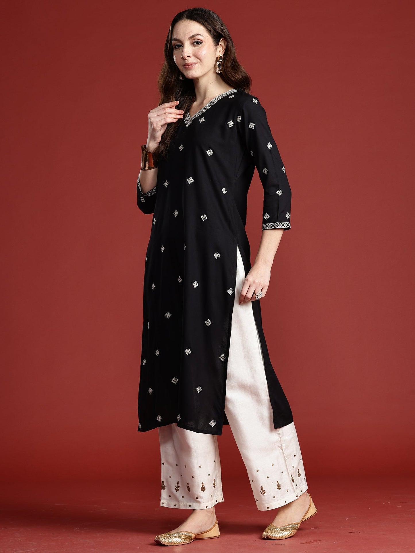 Indo Era Black Embroidered Straight Kurtas