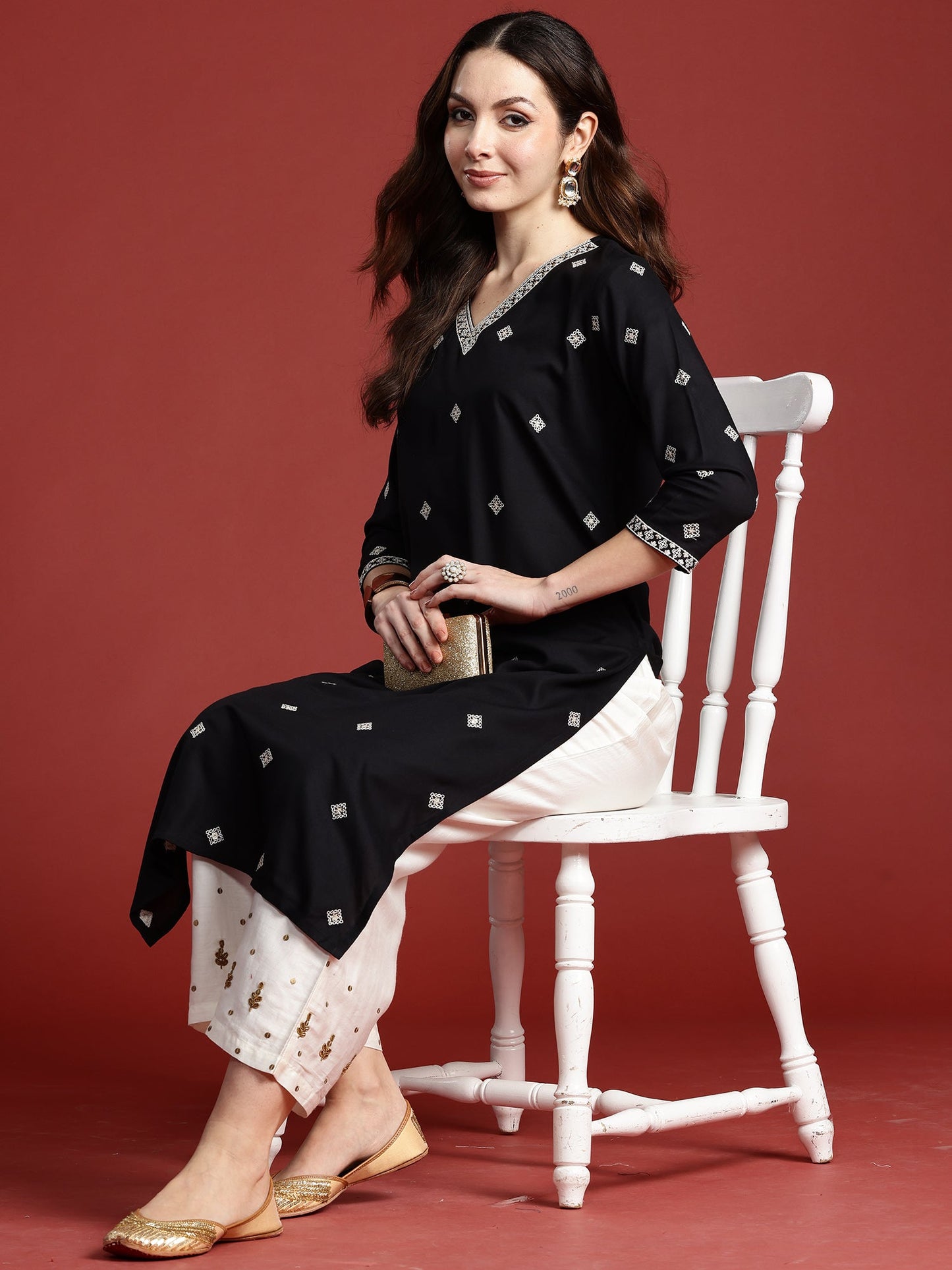 Indo Era Black Embroidered Straight Kurtas