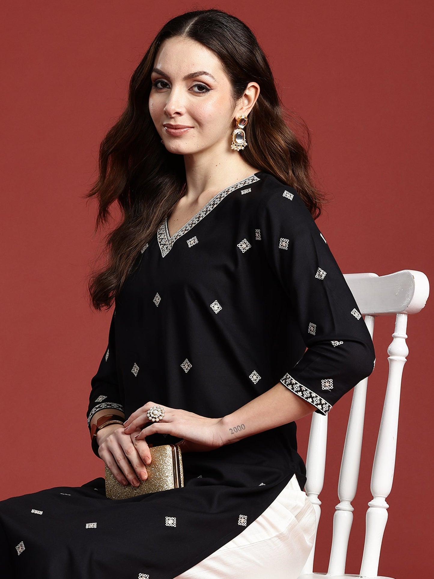 Indo Era Black Embroidered Straight Kurtas