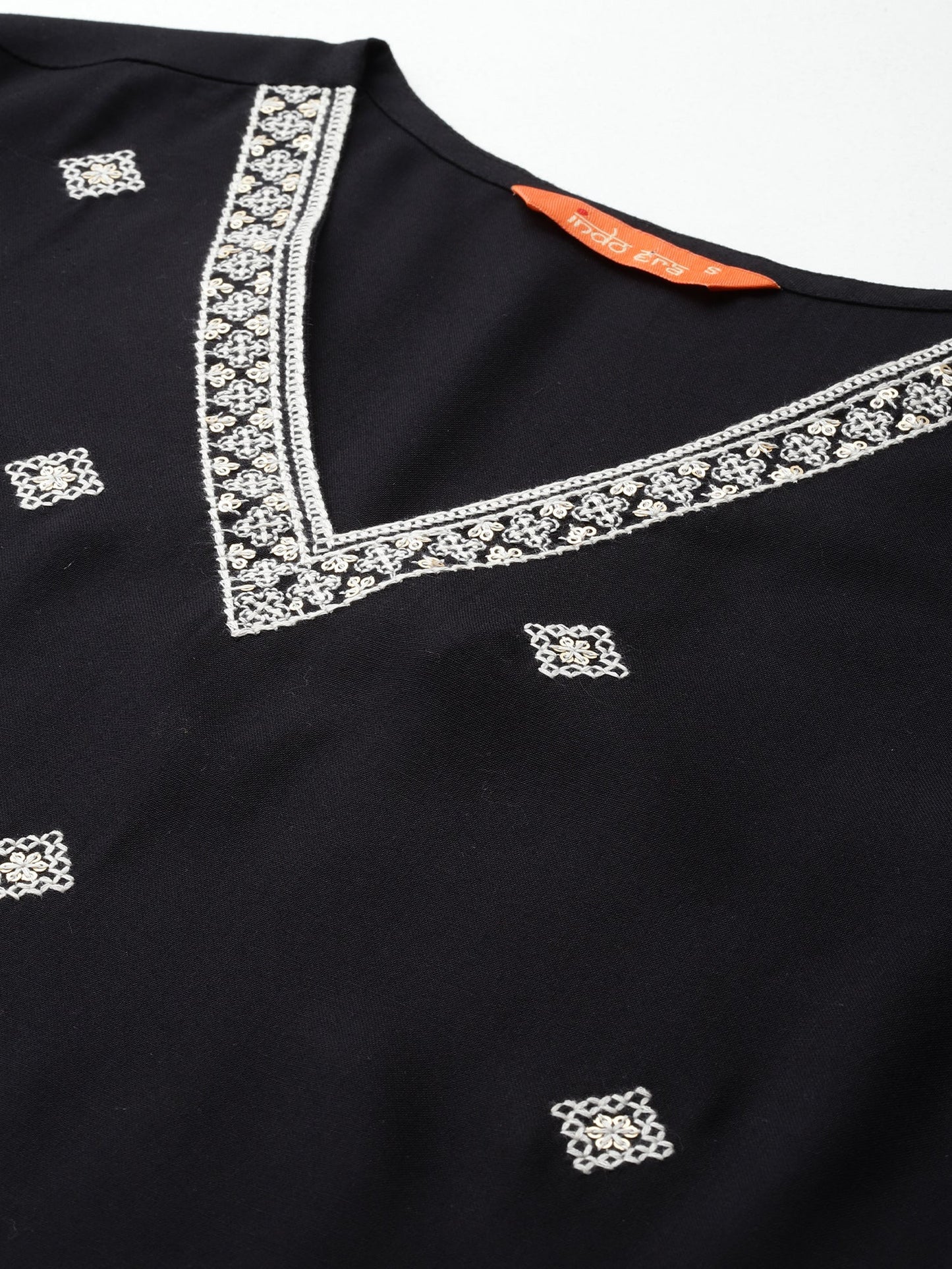 Indo Era Black Embroidered Straight Kurtas