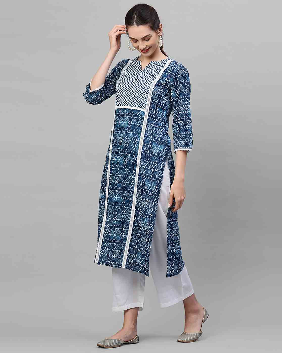 Indo Era Blue Printed Straight Kurta