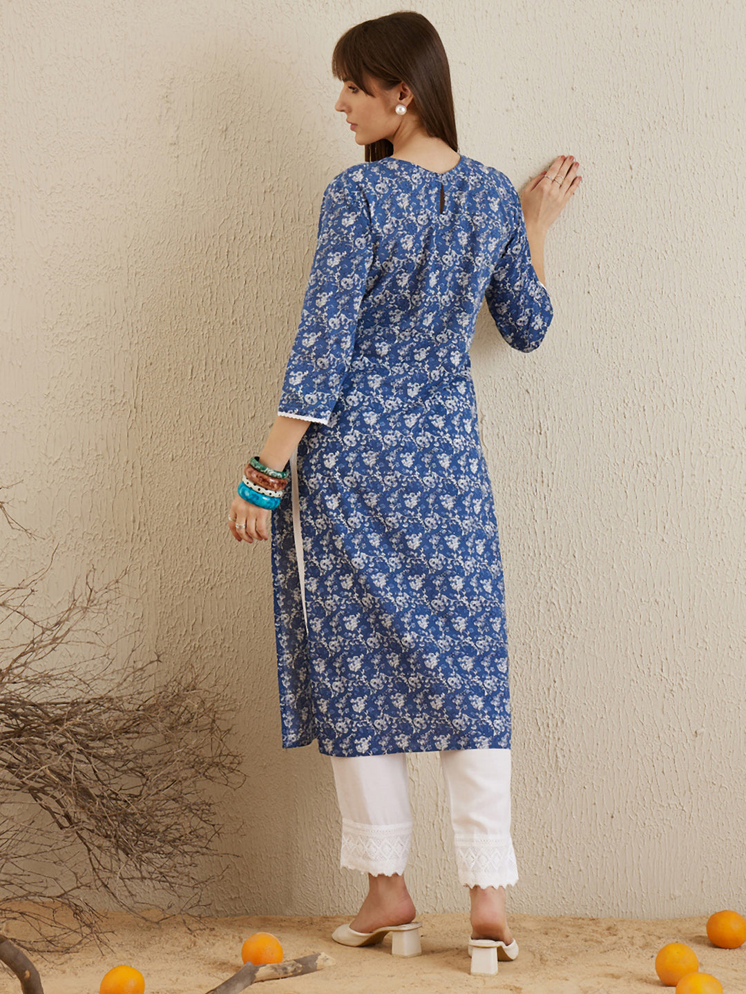 Indo Era Blue Printed Straight Kurtas