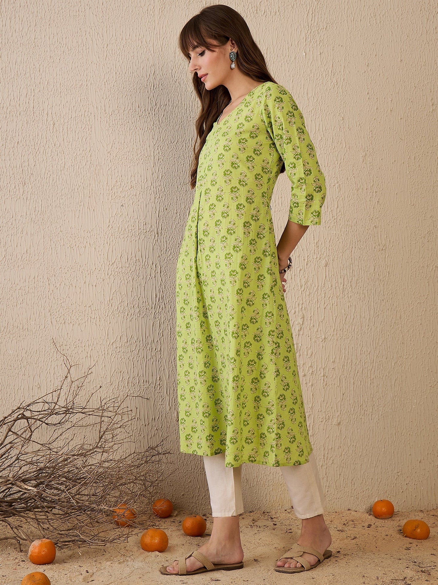 Indo Era Green Printed A-Line Kurtas