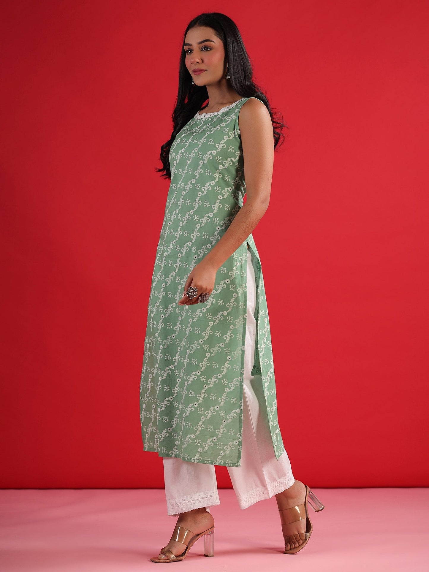 Indo Era Green Printed Straight Kurtas