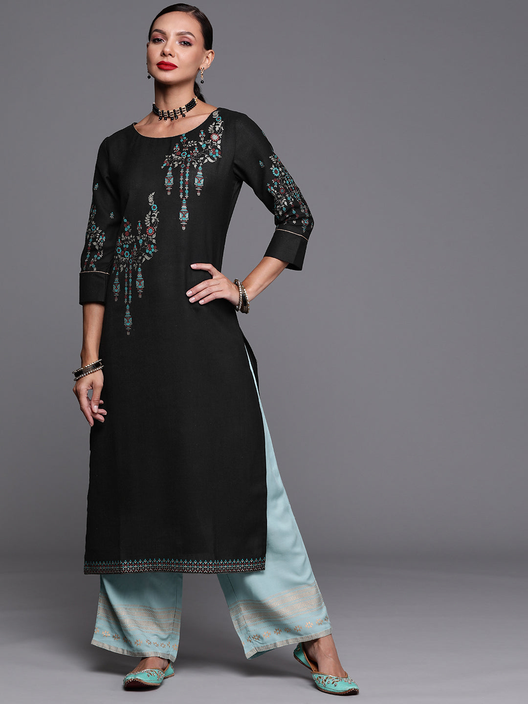 Indo Era Black Foil Printed Straight Kurtas