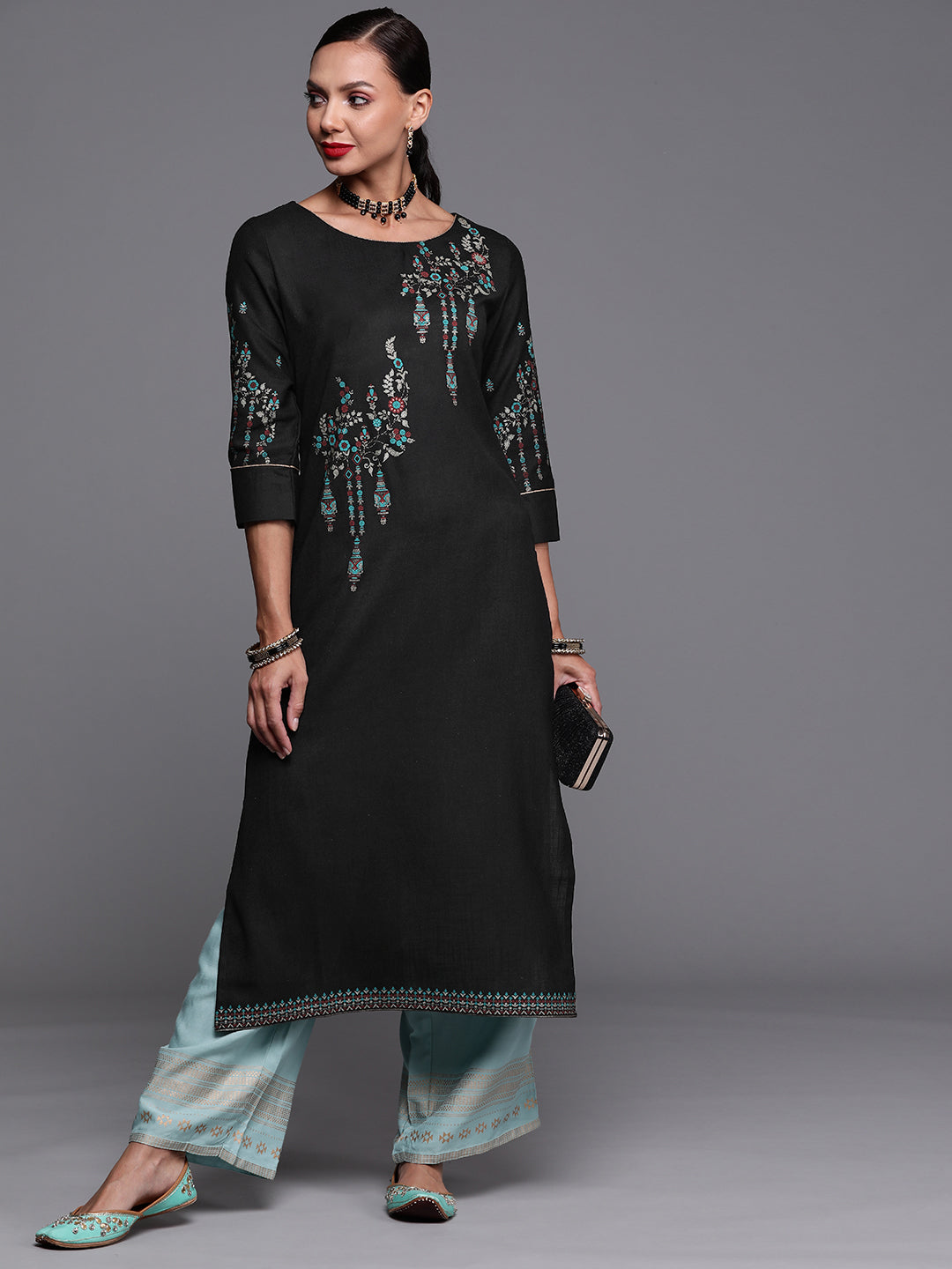 Indo Era Black Foil Printed Straight Kurtas