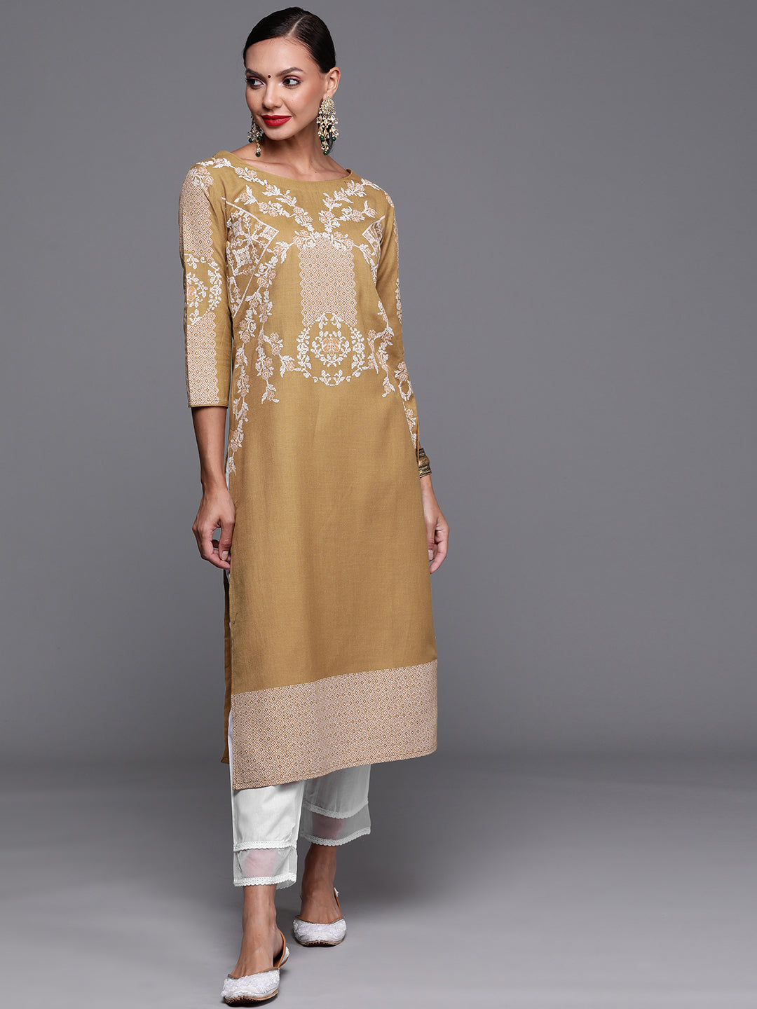 Indo Era Brown Foil Printed Straight Kurtas