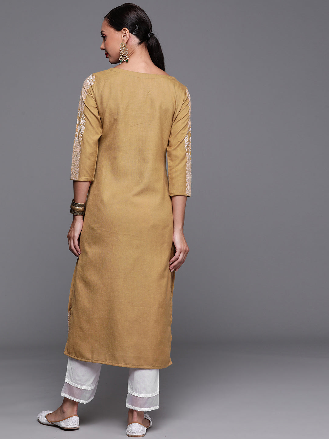 Indo Era Brown Foil Printed Straight Kurtas