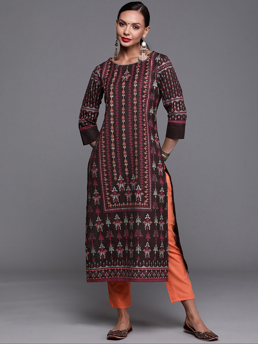 Indo Era Brown Foil Printed Straight Kurtas