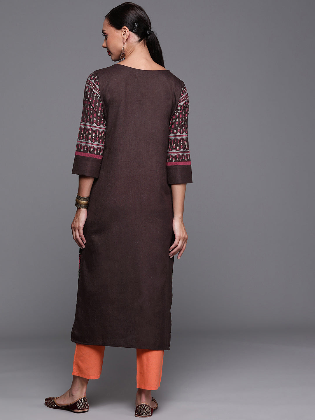 Indo Era Brown Foil Printed Straight Kurtas