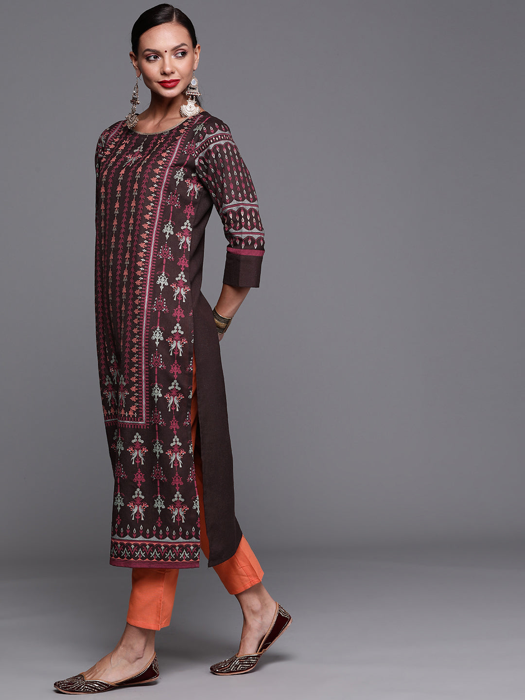 Indo Era Brown Foil Printed Straight Kurtas