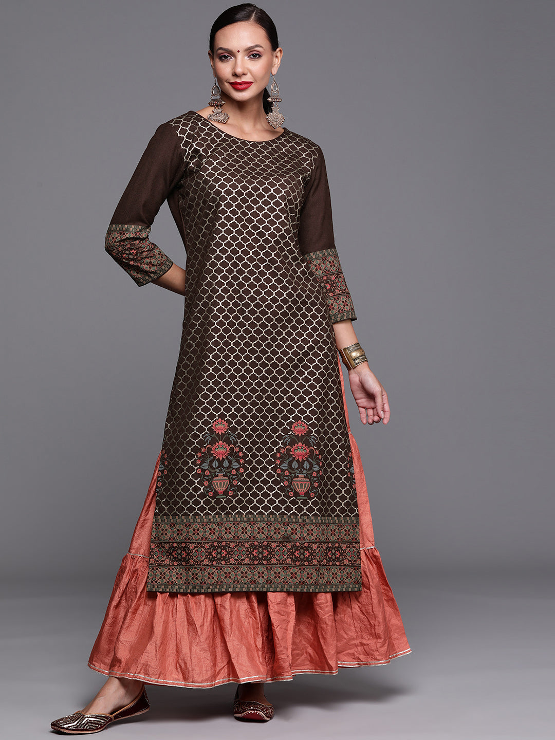 Indo Era Brown Foil Printed Straight Kurtas