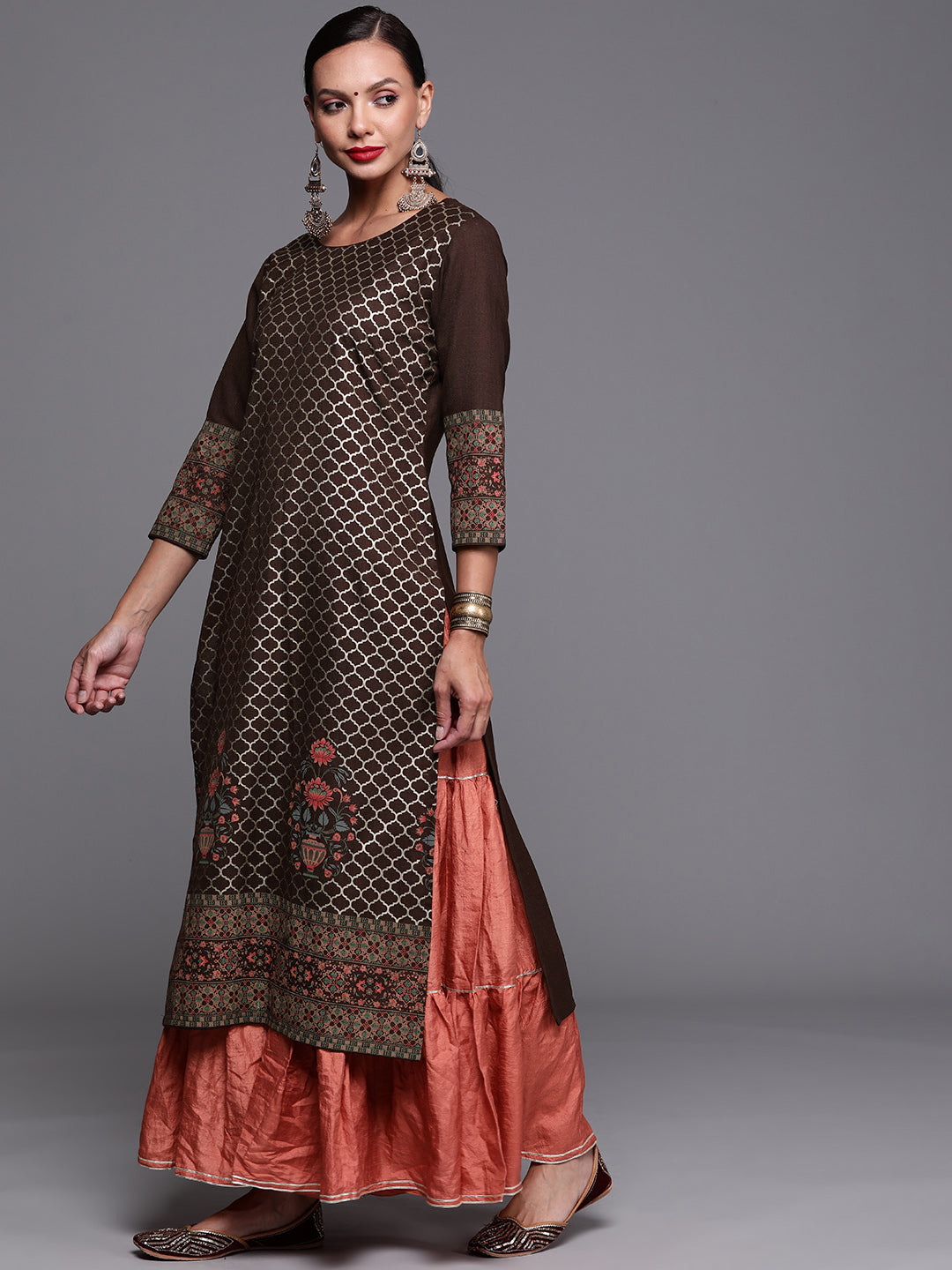 Indo Era Brown Foil Printed Straight Kurtas