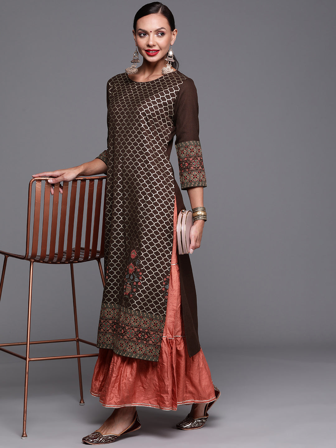 Indo Era Brown Foil Printed Straight Kurtas