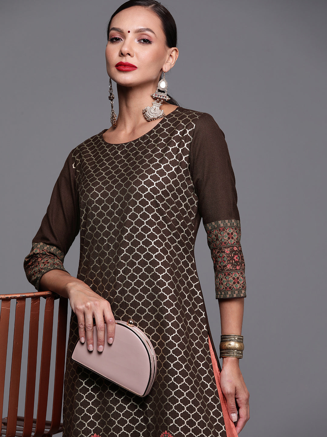 Indo Era Brown Foil Printed Straight Kurtas